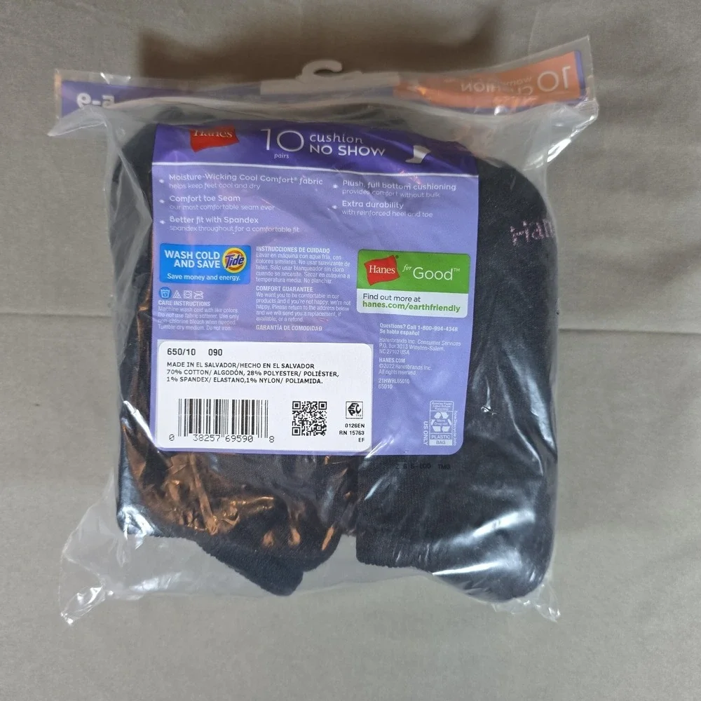 Hanes Womens Cushion No Show Socks 10‎ pairs Size 5-9 Black Wicking Comfort Cool